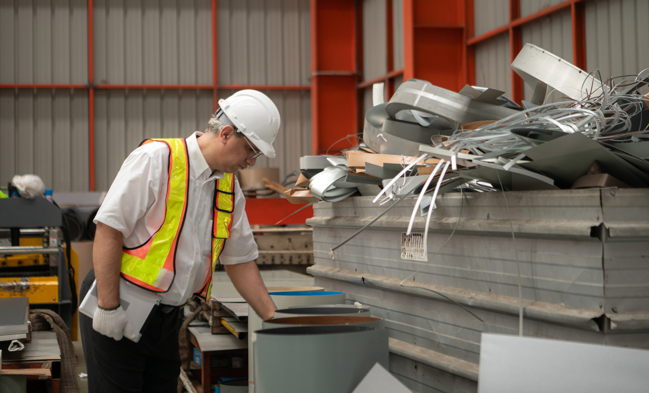 Industrial worker inspecting inside a large metal tube in a factory Scrap Metal recycling audit in progress.